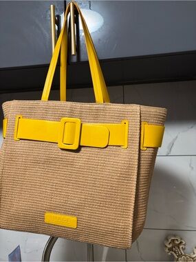 Yellow-Trim Woven Shoulder Tote Bag